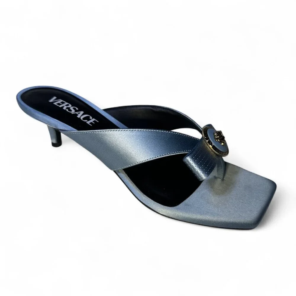 Versace Women's Blue Satin Mule Gianna Ribbon 45 mm sandals Sz 37.5